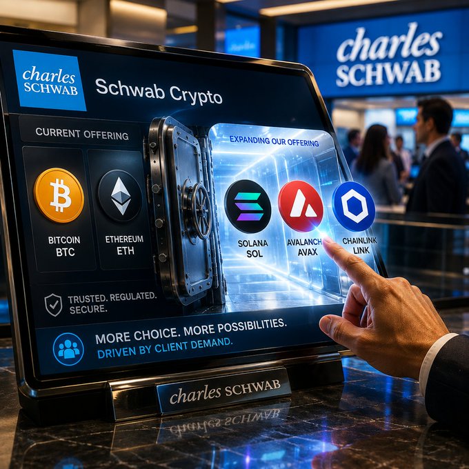 A Charles Schwab advertisement displays their Schwab Crypto offerings, including Bitcoin (BTC), Ethereum (ETH), and expanding options like Solana (SOL), Avalanche (AVAX), and Chainlink (LINK).