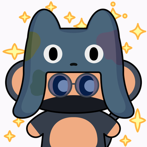 A cartoon illustration shows a cute dark blue character wearing binoculars, surrounded by yellow sparkles.