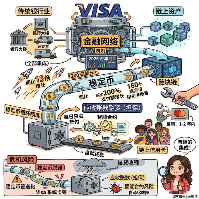 A colorful Chinese-language infographic illustrates Visa's stablecoin (稳定币) financial network, showing growth metrics like '15x' increase, '160+ stablecoin-related projects,' and connections between traditional banking and blockchain chains, with a 'Visa' logo and 2026 Q2 financial data.