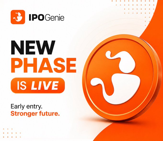 An IPOGenie promotional advertisement announcing 'NEW PHASE IS LIVE' with the tagline 'Early entry. Stronger future.' featuring their orange and white logo.