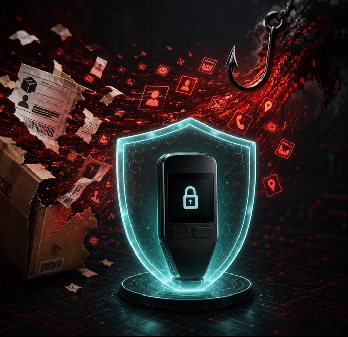 A Trezor hardware wallet sits shielded by a glowing blue security barrier, while a menacing phishing hook descends from above, surrounded by floating red icons of stolen personal data—visually representing the recent shipping provider data breach that exposed 11,742 customers' names, emails, phone numbers, and addresses across seven countries, even though the devices themselves remain secure.