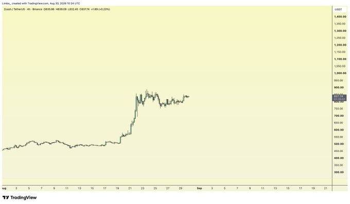 A TradingView 6-hour candlestick chart of Zcash (ZEC/USDT) on Binance shows a sharp rally from around $450 to a peak near $850 before consolidating around $830 (+0.23%), supporting the post's speculation of another bullish leg up. The current price sits just below the recent highs, suggesting potential for continuation if resistance breaks.
