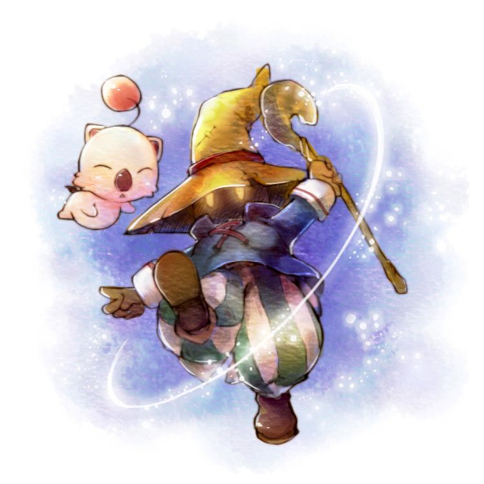 An anime-style illustration of a wizard with a large yellow hat and striped pants flying through a starry purple sky, accompanied by a small floating creature with an antenna.