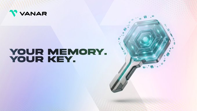 The image features a futuristic, hexagonal-shaped digital key glowing with cyan light alongside the "VANAR" logo and the tagline "YOUR MEMORY. YOUR KEY." The post's message about ownership and control of AI memory aligns with the key imagery, symbolizing that Neutron grants users exclusive access to a private, portable AI memory sealed to their unique key.