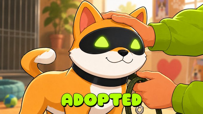 A digital illustration of a smiling orange and white robotic dog with glowing green eyes being adopted, featuring the green text 'ADOPTED' at the bottom.
