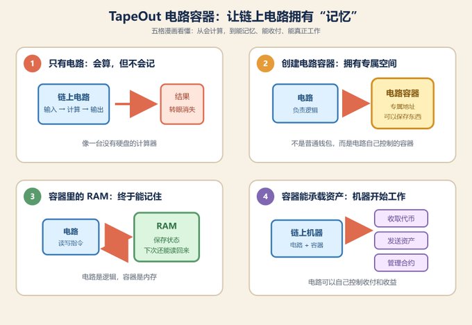 An informational graphic titled 'TapeOut 电路容器：让链上电路拥有"记忆"' uses four numbered panels to explain how on-chain circuits gain memory and functionality, with text including '链上电路', '结果', '电路容器', 'RAM', and '管理合约'.
