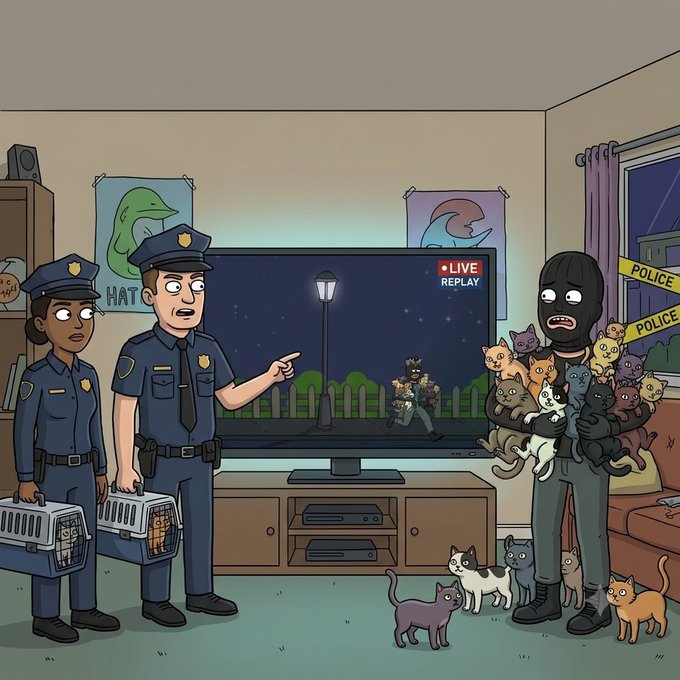 A masked "Cat Burglar" clutches a pile of stolen kittens while two police officers stand by with carriers in hand, one pointing accusingly as a news broadcast labeled "● LIVE REPLAY" plays on the TV behind them, fitting the post's theme about the crimes of the Cat Burglar and always being watched by cameras.