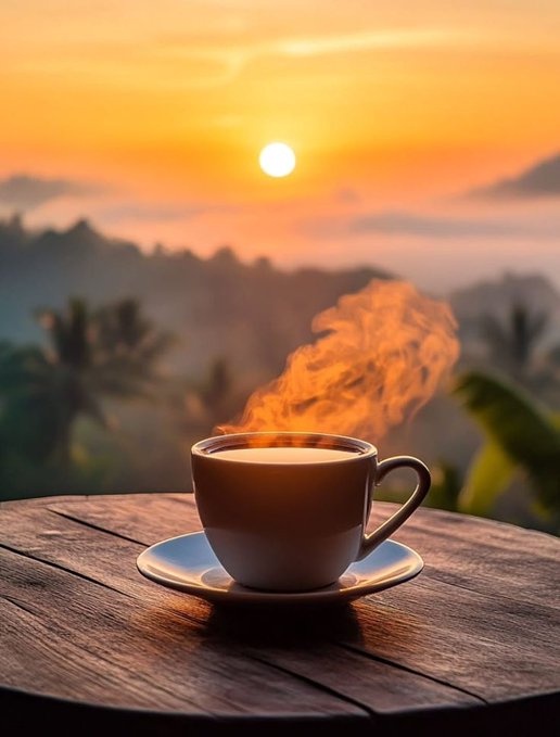 The image features a cup of coffee sitting on top of a wooden table with a saucer underneath it. The sun is setting behind some mountains, creating a beautiful backdrop for the scene. There are no texts or other objects present in the image, making it an ideal representation of a serene and peaceful moment during sunset.