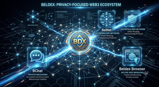 A promotional graphic for 'BELDEX: PRIVACY-FOCUSED WEB3 ECOSYSTEM' showcasing BDX coin at the center with surrounding elements labeled BelNet, BChat, and Beldex Browser against a futuristic network background.