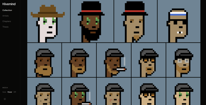 The image shows a grid of pixel art character portraits from the Hivemind digital collection, featuring various figures wearing hats against a blue background, with the top row showcasing different distinctive hat designs. The interface displays "Hivemind" branding on the left side with a sidebar menu listing "Collection," "Artists," "Choppers," and "Theses." This relates to the post by highlighting new hat variations in the HivemindCap Digital Culture Fund collection, including CryptoPunk 6648.