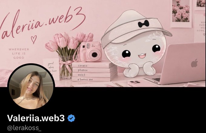 Twitter profile banner for 'Valeriia.web3' (@lerakoss_) showing a pink-themed aesthetic with a cute character, flowers, and laptop.