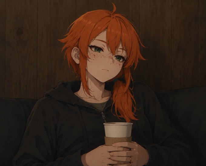 An anime-style illustration of a young woman with messy orange hair, freckles, and green eyes wearing a dark hoodie, holding a paper coffee cup with both hands.