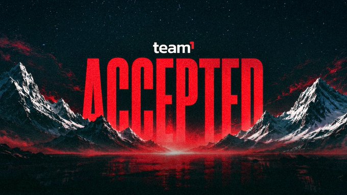 Dramatic graphic with snowy mountains under a starry sky featuring the word 'ACCEPTED' in large red letters with 'team1' above it.