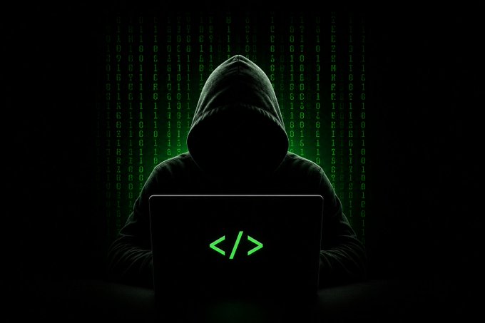 Stylized image of a hooded hacker figure using a laptop displaying code symbols against a dark background with green binary/matrix-style text.