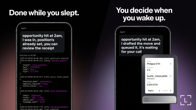 The image contrasts two smartphone screens displaying AI agent activity: the left screen shows an automated trade that "opportunity hit at 2am, I was in, position's already set, you can review the receipt" with execution logs showing an "execute_transaction" for "APE/USDC", while the right screen shows a queued move waiting for user approval ("opportunity hit at 2am, I drafted the move and queued it, it's waiting for your call") with a pending transaction from "Philippe ETH" worth 0.001 ETH. This visually illustrates the post's point—comparing an AI that autonomously manages your money versus one that presents a plan and waits for your decision.