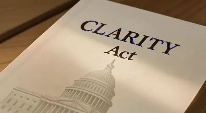 The image shows a document titled "CLARITY Act" with an illustration of the U.S. Capitol building. It visually supports the claim that President Trump has designated the CLARITY Act—a bill aimed at establishing clear regulatory frameworks for digital assets—as a top priority, positioning the U.S. to lead in the global crypto industry.