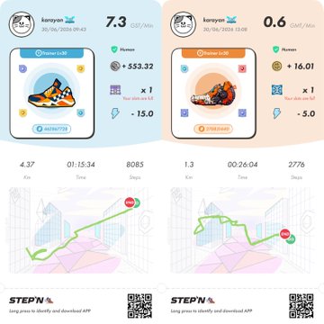 Screenshots from the STEPN fitness app showing sneaker NFT stats including 'Kameyon' sneakers with 7.3 and 0.6 GST/Min earnings, along with distance, time, steps, and energy efficiency metrics.