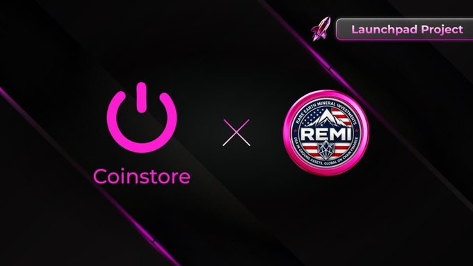 A promotional graphic on a dark background showing 'Coinstore' next to an 'x' and a 'REMI' coin badge, with 'Launchpad Project' text in the top right corner.