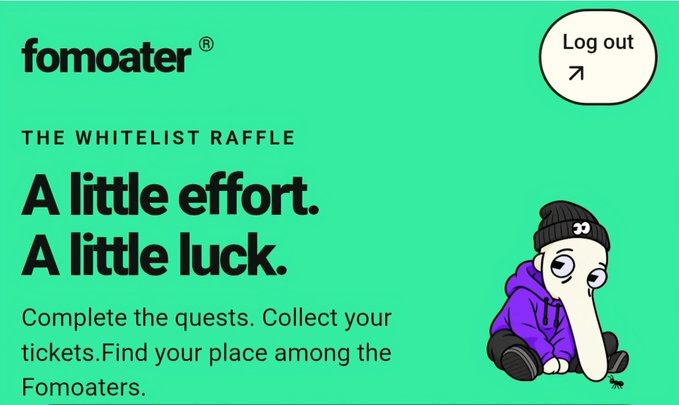 A green promotional graphic for 'fomoater®' featuring 'THE WHITELIST RAFFLE' with the tagline 'A little effort. A little luck.' alongside a cartoon character.