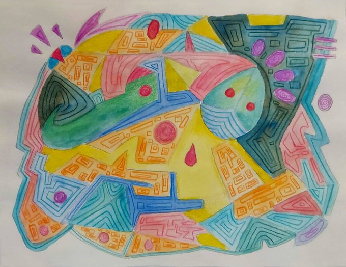 A colorful abstract drawing filled with intricate patterns, geometric shapes, and bright watercolor hues including pink, yellow, blue, green, and orange.