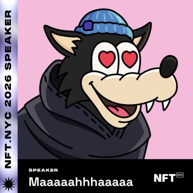 A cartoon wolf character with heart-shaped eyes wears a blue beanie and dark hoodie against a pink background. Text reads 'NFT.NYC 2026 SPEAKER' along the left side, 'SPEAKER Maaaaahhhaaaaa' at the bottom, and an 'NFT NYC' logo.