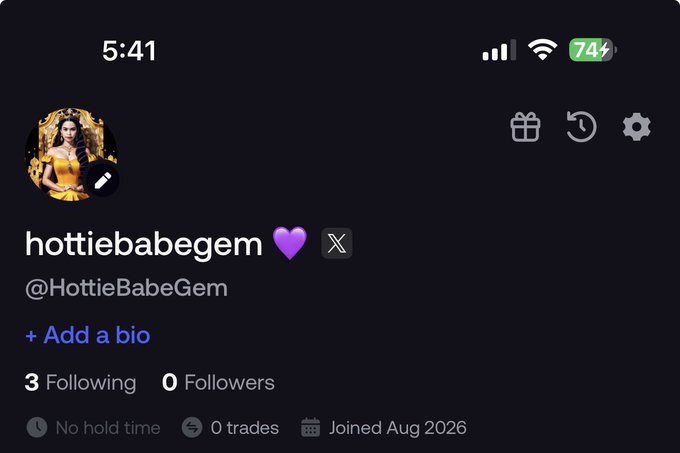 A social media profile for 'hottiebabegem 💜' (@HottieBabeGem) shows a 'Joined Aug 2026' date with 3 Following and 0 Followers, featuring a yellow-dressed anime avatar.