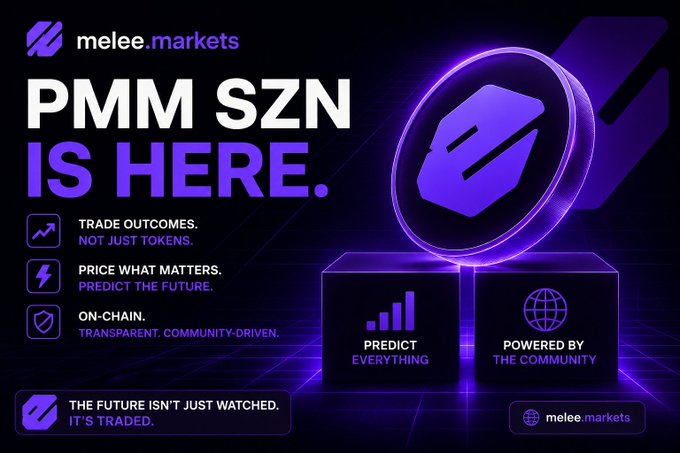 A purple-themed promotional graphic for 'melee.markets' announcing 'PMM SZN IS HERE,' highlighting features like trading outcomes, prediction markets, and on-chain transparency.