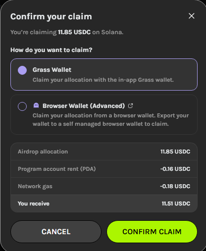 Grass wallet claim confirmation screen for 11.85 USDC on Solana, showing options for Grass Wallet or Browser Wallet, with fees deducted and 11.51 USDC received.