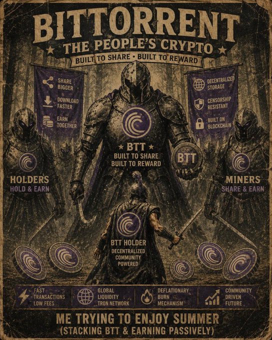 A vintage-style promotional poster featuring a knight in armor labeled "BTT" alongside other figures designated as "Holders," "Miners," and a "BTT Holder," promoting BitTorrent as "The People's Crypto" with tags like "Built to Share," "Built to Reward," "Decentralized Storage," and "Deflationary Burn Mechanism," with the caption "ME TRYING TO ENJOY SUMMER (STACKING BTT & EARNING PASSIVELY)." The imagery visually reinforces the post's message by casting BTT as more than just a token—portraying it as a powerful, battle-ready ecosystem where holders and miners unite through decentralized file sharing and earning mechanisms.