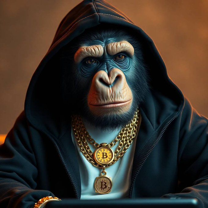 A realistic portrait of a chimpanzee wearing a black hoodie and thick gold chains featuring Bitcoin logos, looking intensely forward in a dimly lit setting.