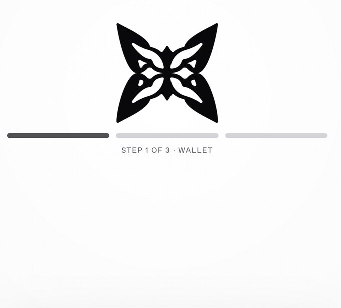 A minimalist graphic shows a black butterfly logo with the text 'STEP 1 OF 3 · WALLET' below a progress bar.