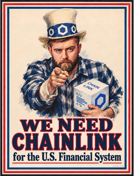 A propaganda-style illustration of a bearded man in a tall stars-and-stripes Uncle Sam-style hat pointing at the viewer while holding a "CHAINLINK" box, with bold text reading "WE NEED CHAINLINK for the U.S. Financial System."