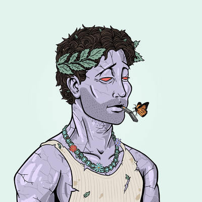 An illustration depicts a gray-skinned figure with a laurel leaf crown, red eyes, a flower necklace, and a butterfly resting on a cigarette held in his mouth.