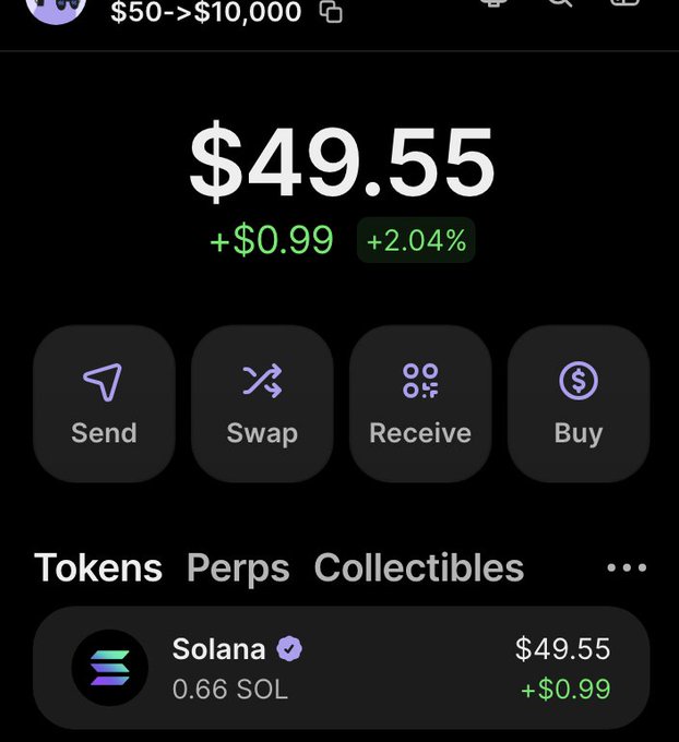 This image shows a cryptocurrency wallet balance of $49.55 in Solana (SOL), which directly relates to the "$50 to $10,000" challenge mentioned in the accompanying post.
