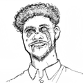 Simple black and white line drawing/sketch of a smiling man with curly hair, glasses, and a collared shirt with tie.