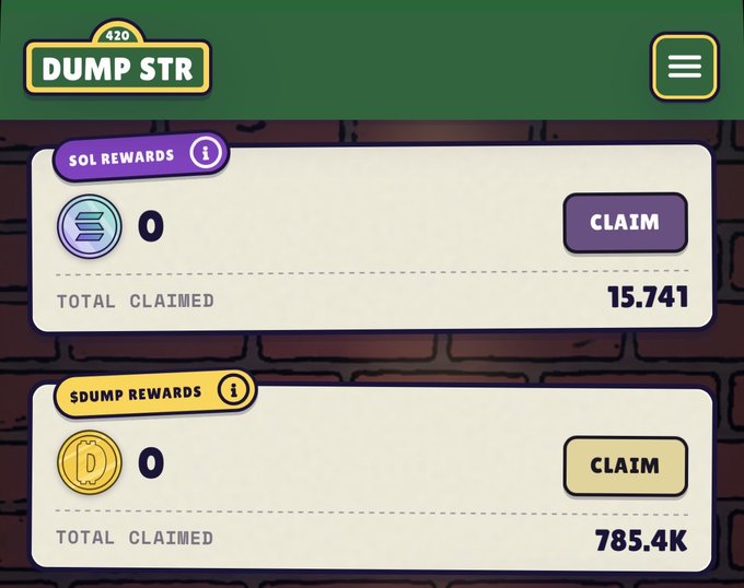 A screenshot of the Dumpstr dashboard on Solana displays unclaimed SOL Rewards (0) and unclaimed $DUMP Rewards (0), with totals claimed at 15.741 SOL and 785.4K $DUMP tokens, matching the user's reported first-season staking rewards.