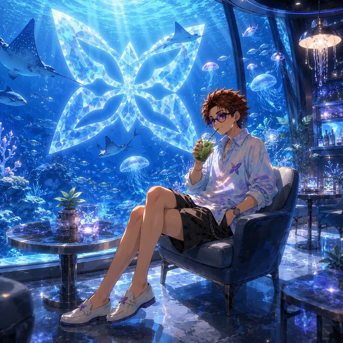 An anime-style illustration of a young man with glasses and brown hair sitting in a luxurious underwater lounge with a butterfly design, surrounded by jellyfish and stingrays.