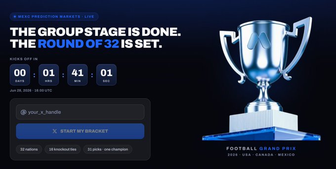 The image is a promotional banner for "NEXC Prediction Markets · Live" announcing that "The Group Stage is Done. The Round of 32 is Set," with a countdown timer showing 00 days, 01:41:01 until kickoff on June 28, 2026 at 16:00 UTC, featuring a "Football Grand Prix" trophy for the 2026 USA · Canada · Mexico tournament and an interface to start a bracket with 32 nations, 16 knockout ties, and 31 picks for one champion.

The banner ties to the post's call to action by inviting users to join the prediction challenge, build their brackets, and compete for the $4,250 prize pool (850 USDT + 3,400 Trial Fund) and daily giveaways.