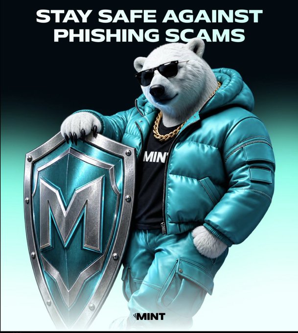 A promotional graphic titled 'STAY SAFE AGAINST PHISHING SCAMS' featuring a polar bear in sunglasses and a teal puffer jacket holding a shield with the 'M' logo, branded with 'MINT'.