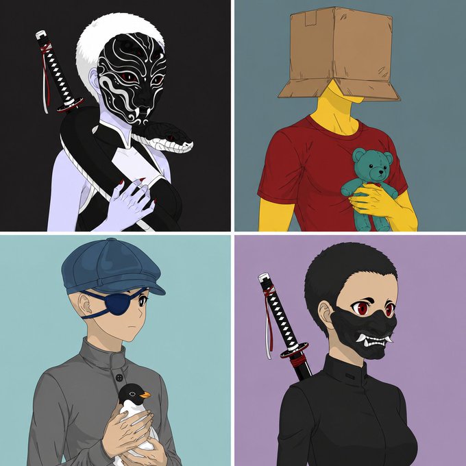 A four-panel illustration showcases hand-drawn anime characters from the Parallel Universe X NFT collection, featuring diverse figures such as a white-haired warrior with a demon mask and katana, a figure with a paper bag over their head holding a teddy bear, a young boy with a cap and eyepatch cradling a penguin, and a black-clad fighter with a fanged mask and sword—embodying the project's blend of Japanese folklore and multiverse storytelling.
