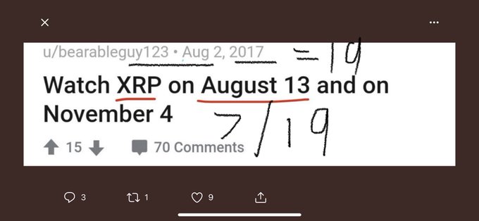 A Reddit post screenshot from u/bearableguy123 dated Aug 2, 2017 titled 'Watch XRP on August 13 and on November 4' with 15 upvotes and 70 comments, annotated with '7/19'.