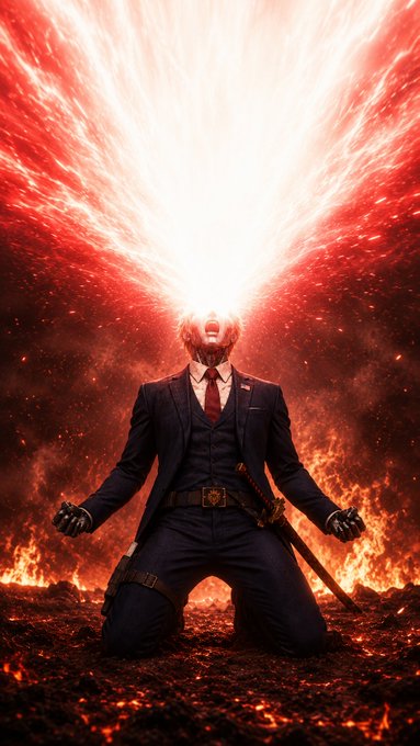 A dramatic fantasy artwork of a man in a dark suit kneeling and screaming as bright light or fire erupts from his head against a fiery red background.