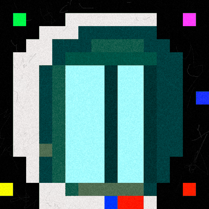 An abstract geometric design featuring overlapping teal and light blue rectangles on a textured white background, surrounded by small colored squares against a black backdrop.