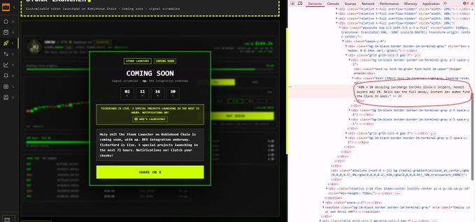 A screenshot of the Stonk Broker platform's preview page displays a "COMING SOON" countdown timer alongside developer console code revealing a 40% decaying buy tax that reduces to 1%, with sells paying the full decay to fund the "Clock In" pool. The visible code snippet directly supports the post's explanation of how initial token launches on the platform apply a steep 40% tax that decays for honest buyers while full penalties apply to sells and dev dumps.