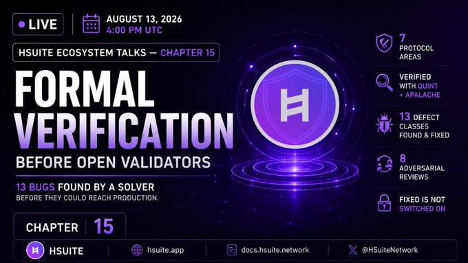 A promotional graphic for an HSuite Ecosystem Talks live event scheduled for August 13, 2026, highlighting 'Formal Verification Before Open Validators' with statistics including 7 protocol areas verified and 13 bugs found.