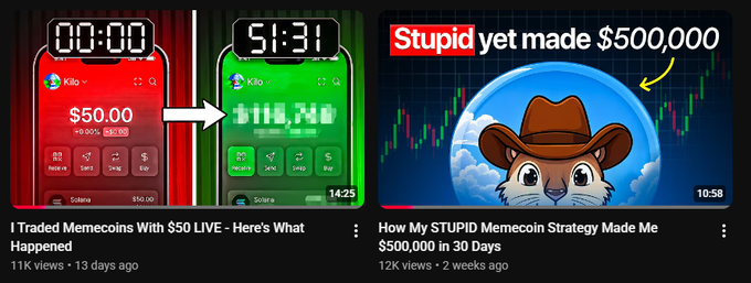 The image shows two YouTube thumbnails promoting a memecoin trading strategy: the left thumbnail titled "I Traded Memecoins With $50 LIVE - Here's What Happened" shows a portfolio growing from $50.00 to $11,240, and the right thumbnail "How My STUPID Memecoin Strategy Made Me $500,000 in 30 Days" features a cat mascot in a cowboy hat. These videos align with the post's announcement of an upcoming in-depth, free memecoin guide video, serving as previous examples of the creator's memecoin content.