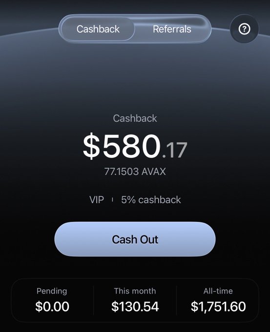 A user shares their Ethena Pay cashback dashboard showing $1,751.60 all-time earnings, a current balance of $580.17 (77.1503 AVAX), and $130.54 earned this month as a VIP member receiving 5% cashback, illustrating the $1,750+ in rewards referenced in their post about three months of using the platform.