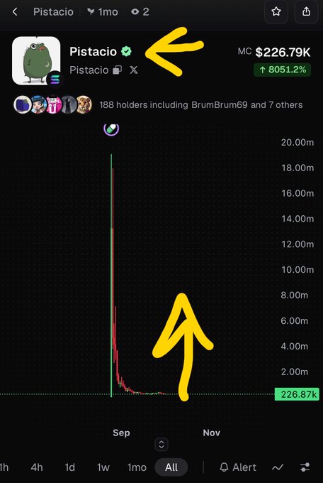 A cryptocurrency token page on a platform showing the 'Pistacio' token with a market cap of $226.79K and an 8051.2% increase, featuring yellow arrows pointing at the token name and its crashed chart.