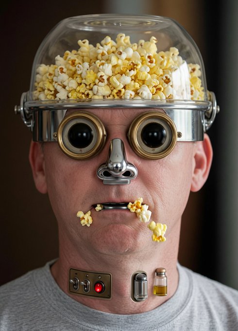 A man wears a surreal, steampunk-style device with large round eyes, metallic controls on his neck, and a glass dome on his head filled with popcorn, some of which is stuck to his mouth.