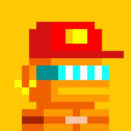A pixel-art character rendered in shades of red and orange wearing what appears to be a cap and striped scarf against a bright yellow background.